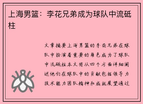 上海男篮：李花兄弟成为球队中流砥柱